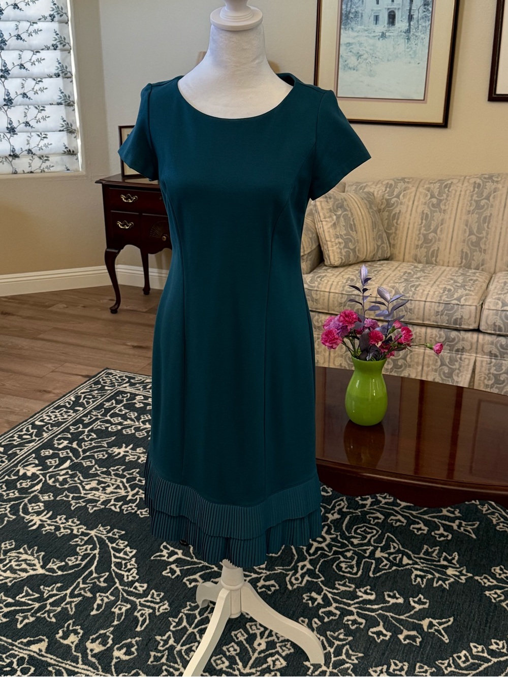 Talbots Teal Short-Sleeve Pleated-Hem Midi Dress